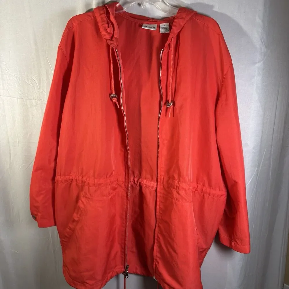 Villager Liz Claiborne Women’s Coral Orange Hooded Jacket Zip Pockets Size L